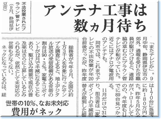 2010年12月3日（金）日経新聞「アンテナ工事は数カ月待ち」